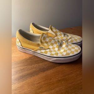 Checkered yellow and white slip on vans, good condition